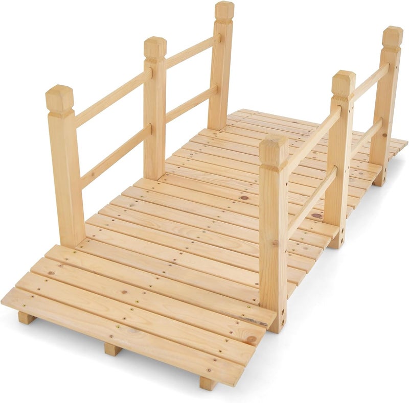 HAPPYGRILL 5FT Wooden Garden Bridge, Decorative Pond Landscaping Bridge with Classic Arc Footbridge & Double Safety Railings, Garden Bridges for Outdoors, Backyard, Garden Farm (Natural) - Image 1